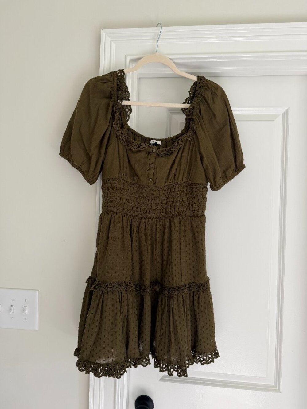 American Eagle Outfitters Puff Sleeve Smocked Tiered Dress,Green,Medium,NWT